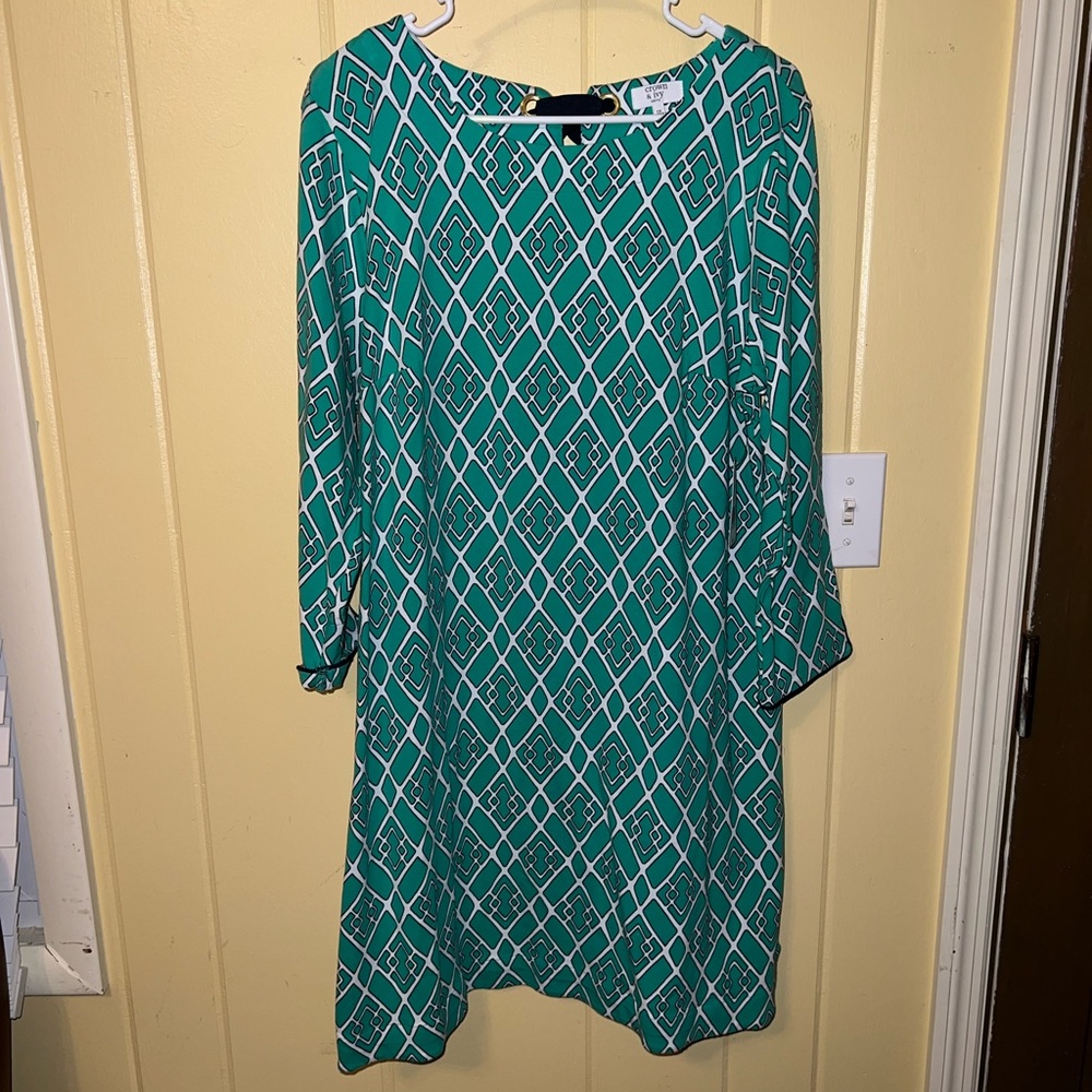 NWT Crown & Ivy Green & White Boho Preppy Wide Sleeve Midi Sheath Dress Size 1X - Picture 4 of 15